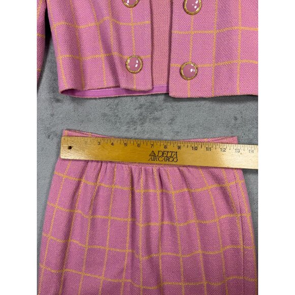 Vintage St John Santana Knit Skirt Suit Set Pink Windowpane Womens 8 USA Preppy - Picture 7 of 8